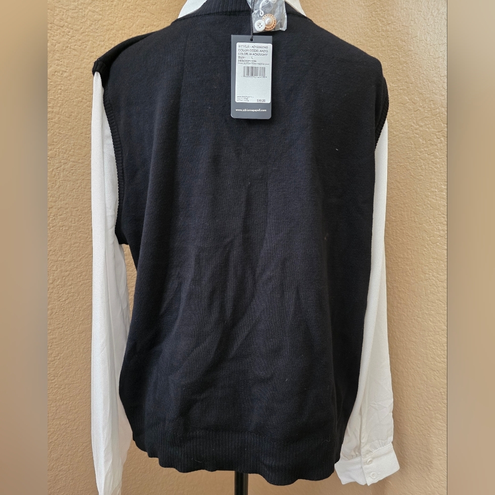 Adrianna Papell Black Button Down Sweater Vest Long Sheer Sleeves Classy Size L - Picture 3 of 14